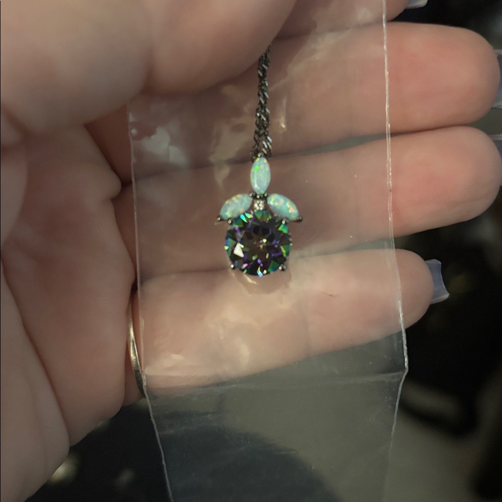 Mystic topaz & white opal pendant on black chain necklace